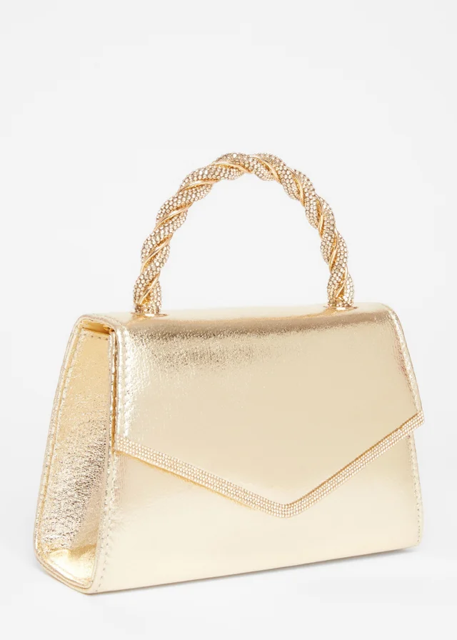 Quiz Gold Diamante Twist Top Handle Bag