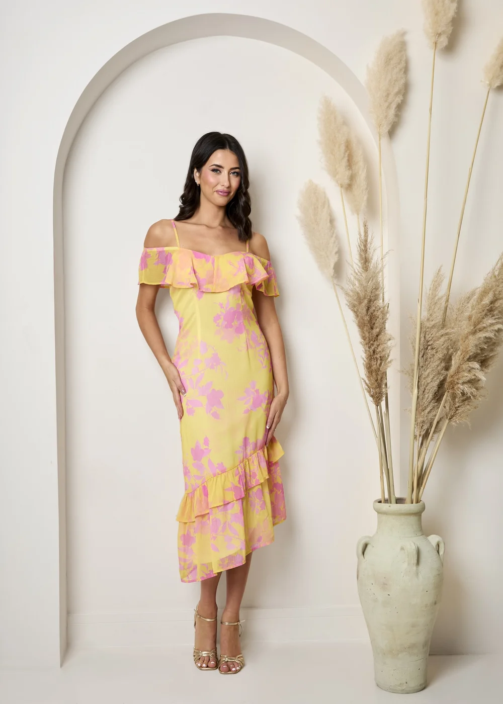 Chi Chi London Yellow Off The Shoulder Frill Detail Midi Dress - Size 6 Image 1