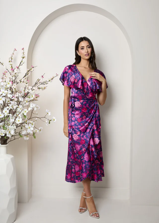 Chi Chi London Multi V Neck Floral Wrap Midi Dress
