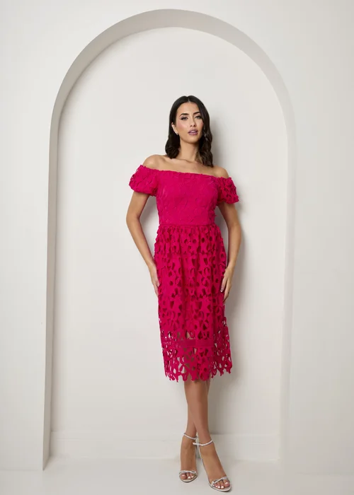 Chi Chi London Pink Bardot Premium Lace Fit & Flare Midi Dress - Size 12 Image 1