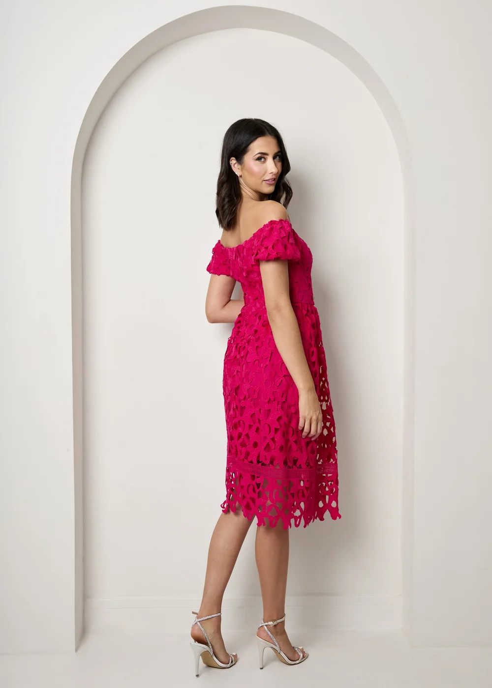 Chi Chi London Pink Bardot Premium Lace Fit & Flare Midi Dress - Size 12 Image 2