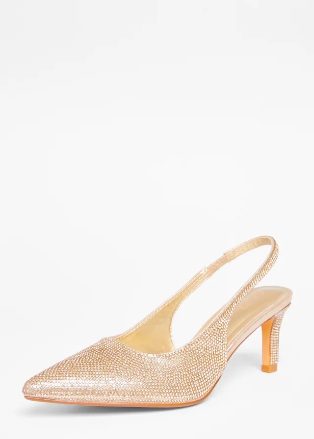 Quiz Gold Diamante Sling Back Heels