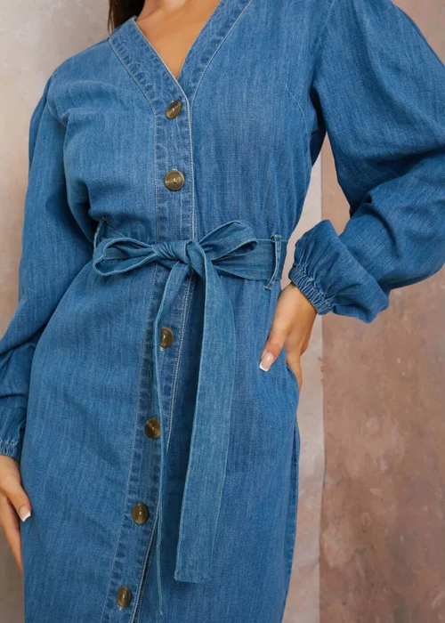 Chi Chi London Blue Long Sleeve Denim Shirt Dress - Size 6 Image 3