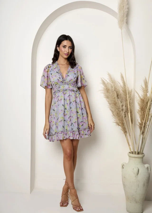 Chi Chi London Grey Short Sleeve Ruffle Mini Dress