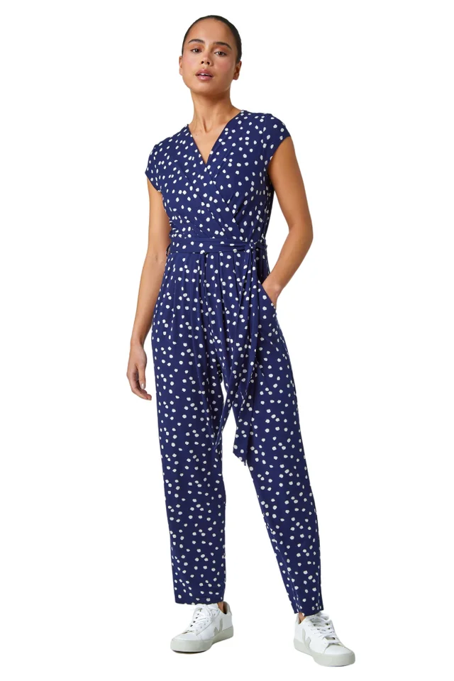 Roman Navy Petite Polka Dot Stretch Jumpsuit