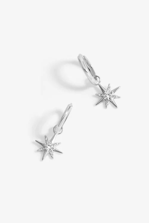 Simply Silver Sterling Silver 925 Cubic Zirconia Celestial Star Hoop Earrings - One Size Image 1