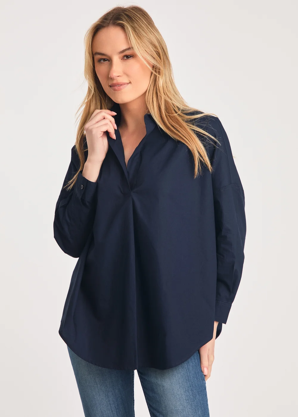 French Connection Navy Cotton Long Sleeve Poplin Popover High-Low Hem Shirt - Size 10 Image 1
