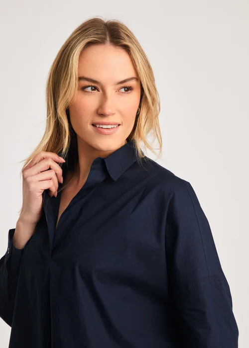 French Connection Navy Cotton Long Sleeve Poplin Popover High-Low Hem Shirt - Size 10 Image 4