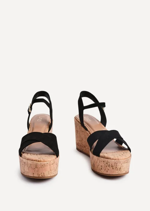 Linzi Vivid Black Faux Suede Crossover Cork Wedge - Size 5 Image 3