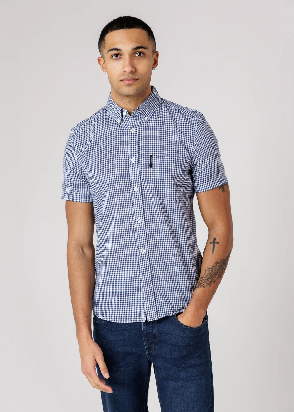 French Connection Blue Cotton Short Sleeve Gingham Chest Pocket Shirt - L Image 1