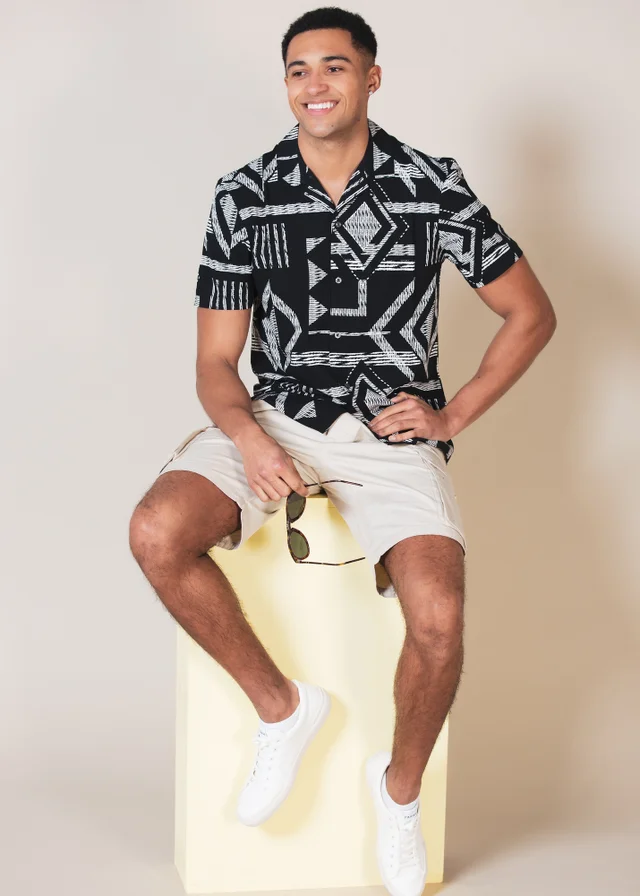 French Connection Black Tribal Print Short Sleeve Shirt