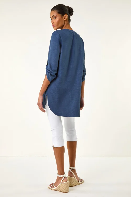 Roman Denim Horn Button Detail Longline Top - Size 10 Image 3