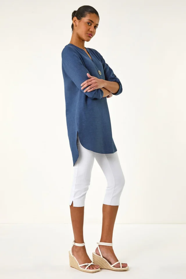 Roman Denim Horn Button Detail Longline Top