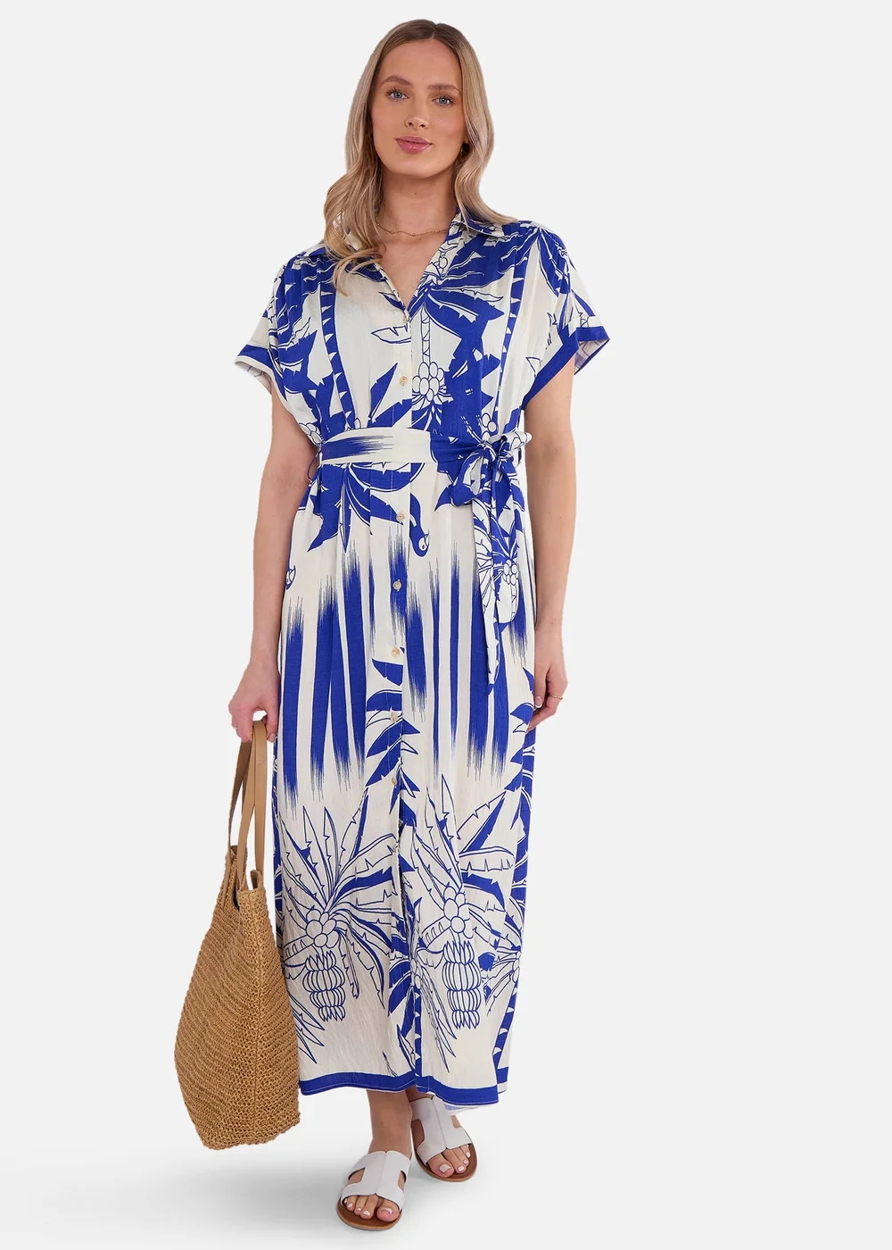 Gini London Blue Tropical Print Midi Shirt Dress - M/L Image 1