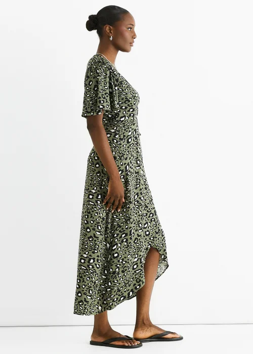 Gini London Khaki Animal Print Viscose Wrap Midi Dress - 8 Image 4