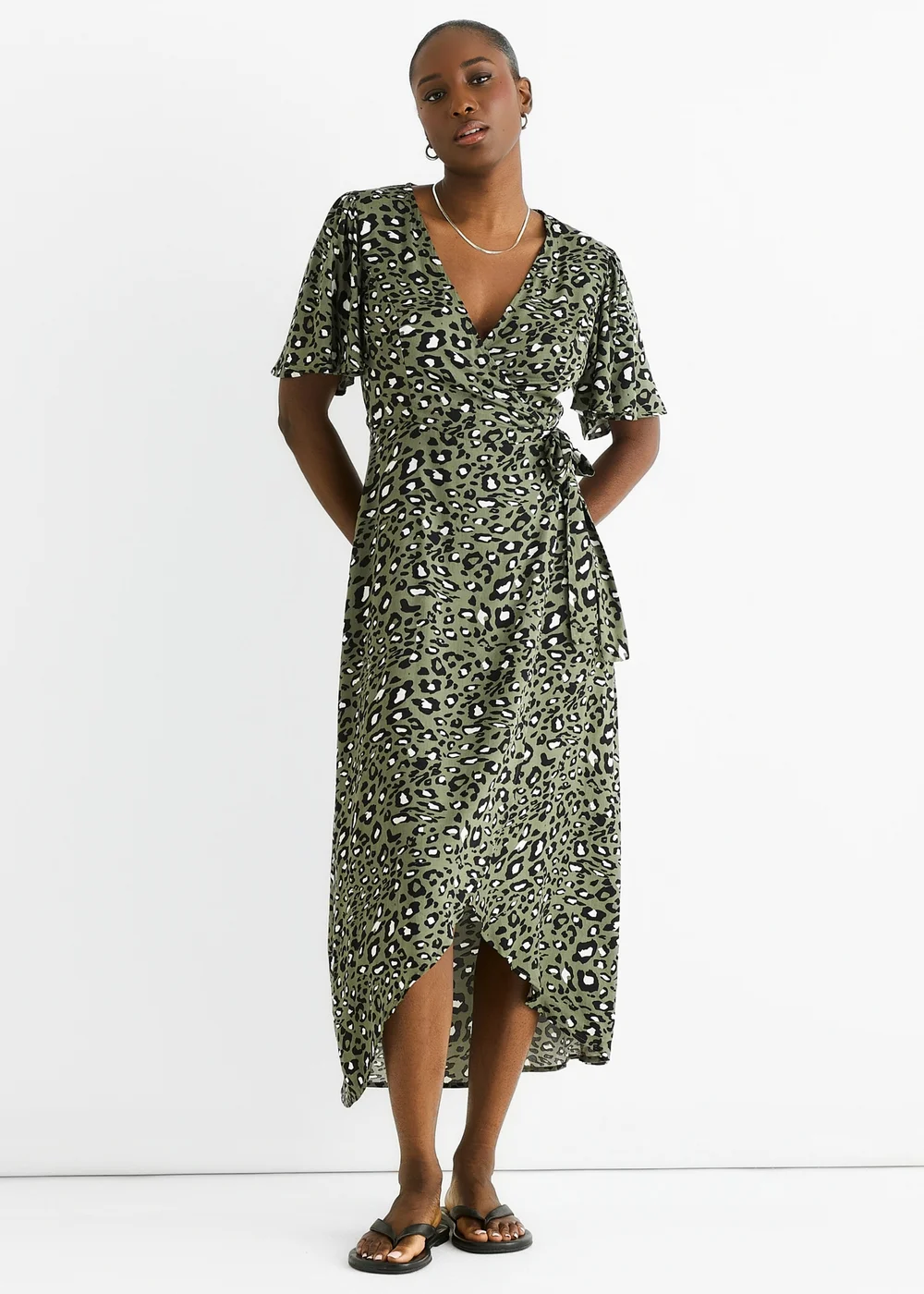 Gini London Khaki Animal Print Viscose Wrap Midi Dress - 8 Image 1