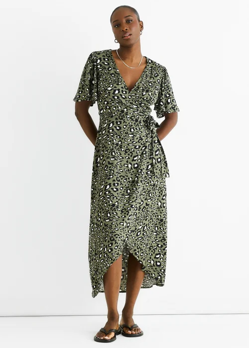 Gini London Khaki Animal Print Viscose Wrap Midi Dress - 8 Image 1