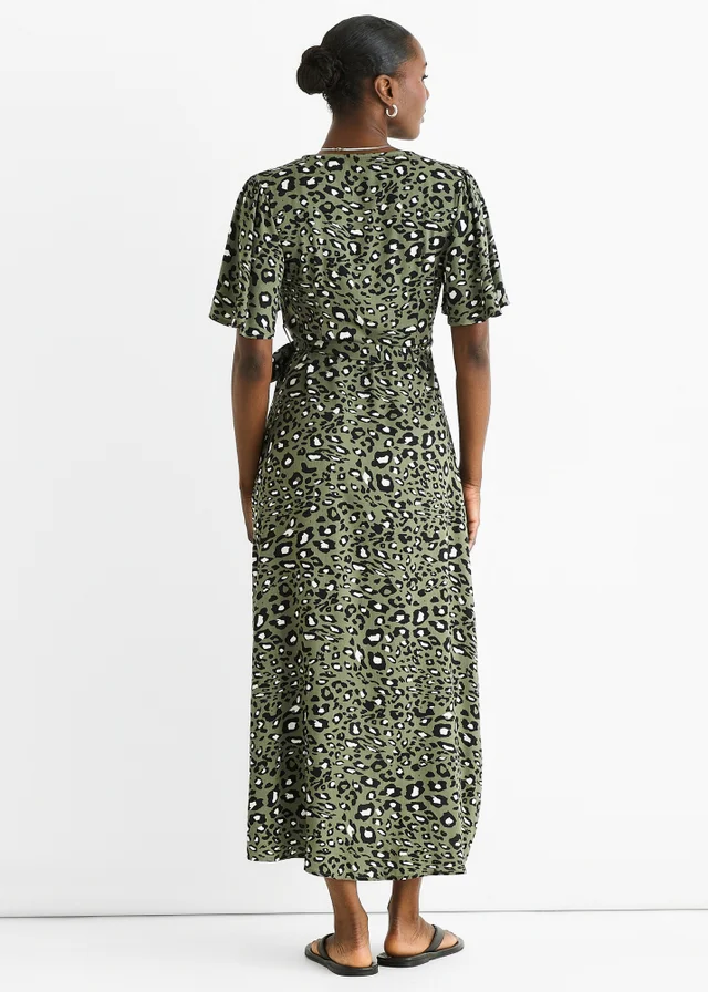 Gini London Khaki Animal Print Viscose Wrap Midi Dress