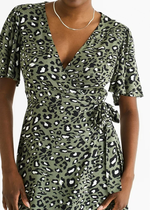 Gini London Khaki Animal Print Viscose Wrap Midi Dress - 8 Image 3
