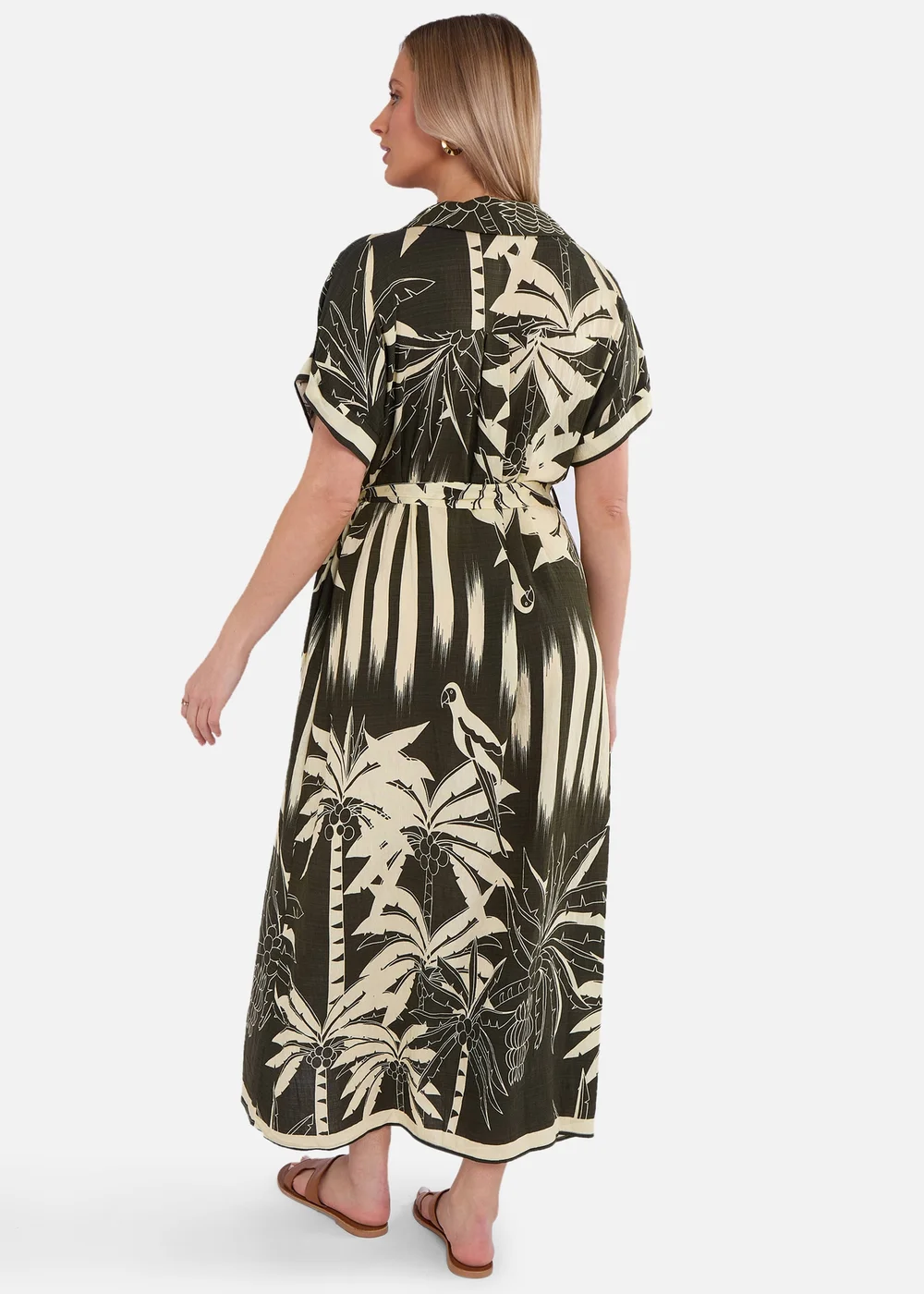 Gini London Khaki Tropical Print Midi Shirt Dress - M/L Image 2