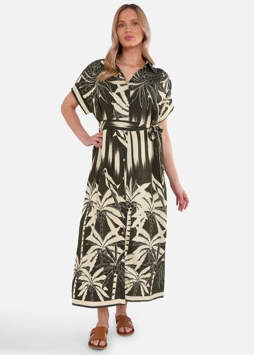 Gini London Khaki Tropical Print Midi Shirt Dress - M/L Image 1
