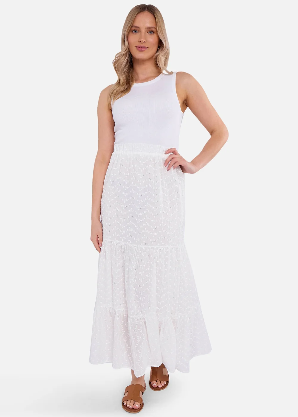 Gini London White Cotton Broderie Skater Maxi Skirt - Size 16 Image 1