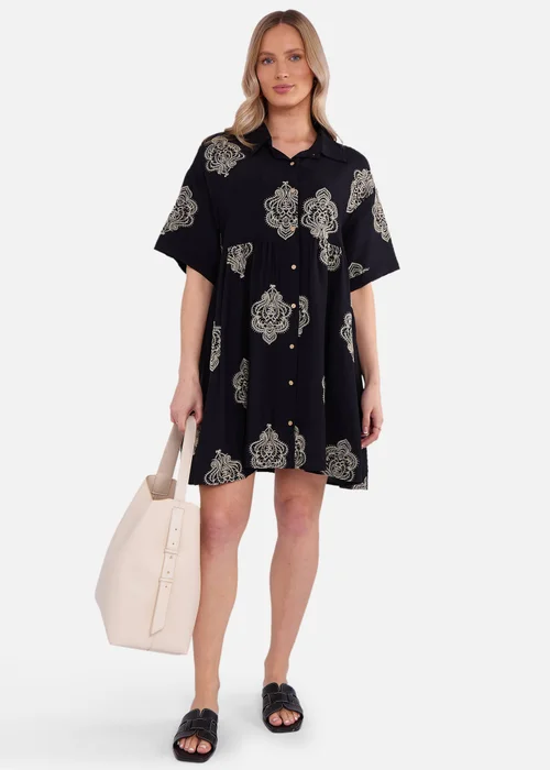 Gini London Black Embroidery Smock Oversized Mini Shirt Dress - L/XL Image 1