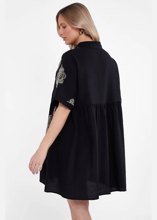 Gini London Black Embroidery Smock Oversized Mini Shirt Dress - L/XL Image 2