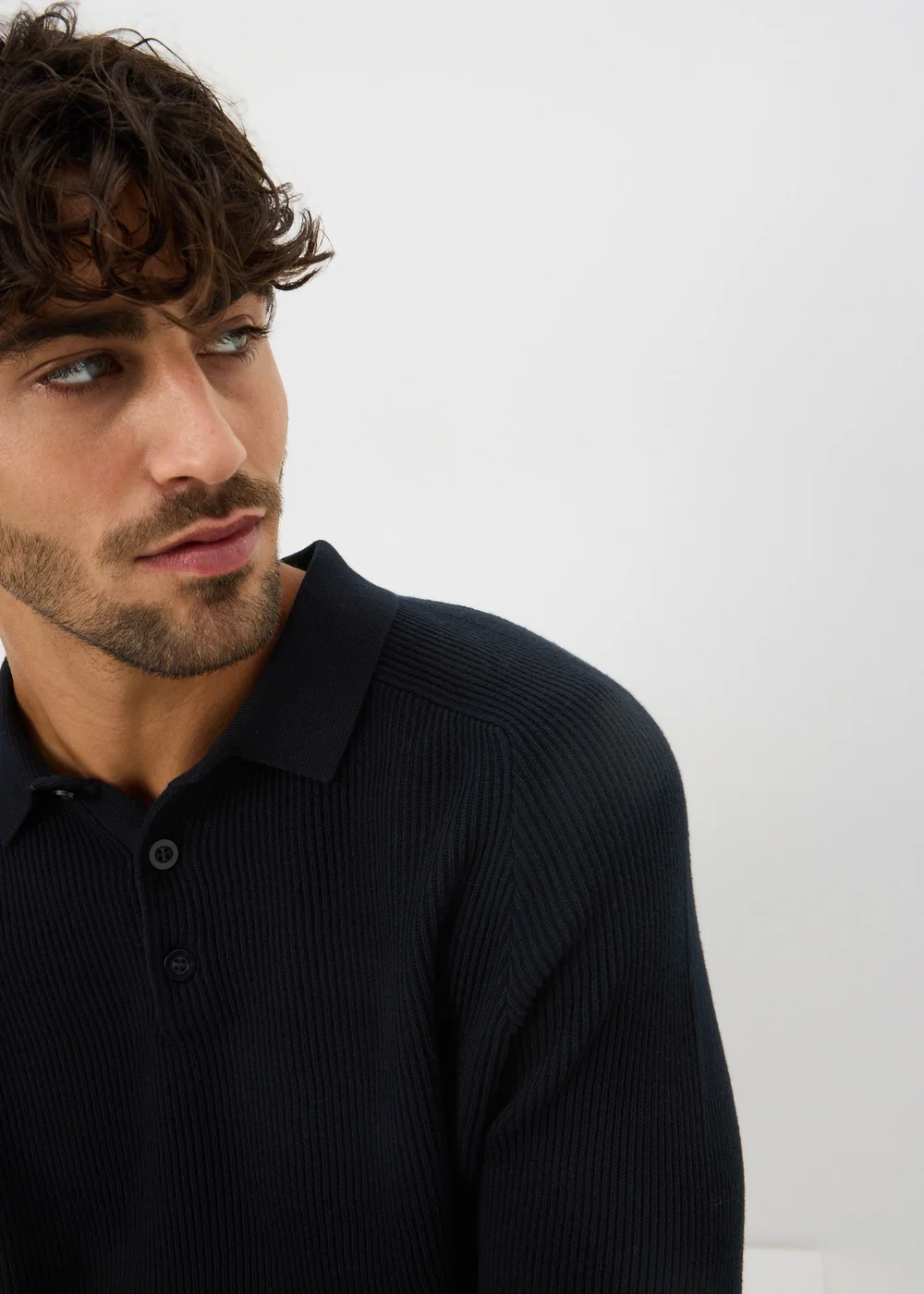 Navy Ribbed Polo Top - Small Image 1