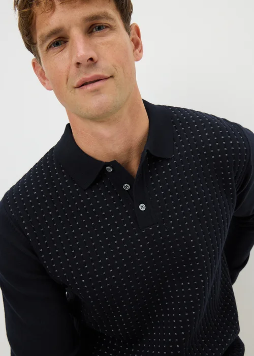 Navy Textured Polo Top - Small Image 2