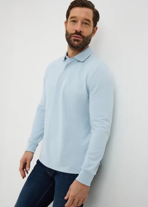 Lincoln Blue Long Sleeve Textured Polo Shirt - Small Image 1