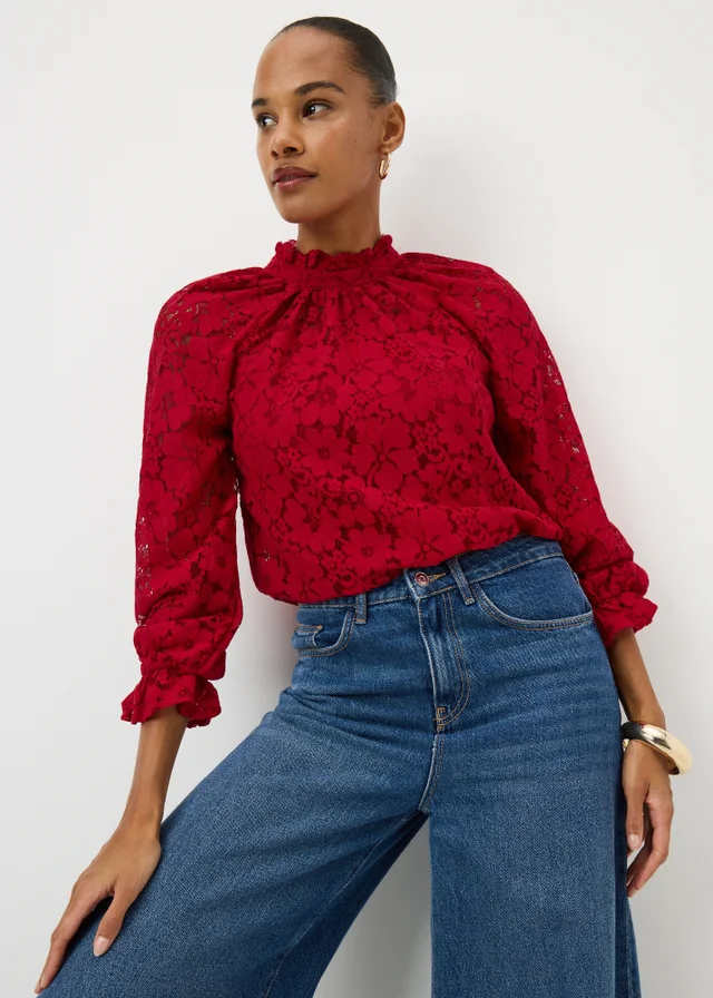 Red Lace High Neck Blouse