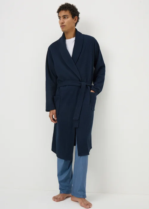 Navy Waffle Dressing Gown - Small Image 1