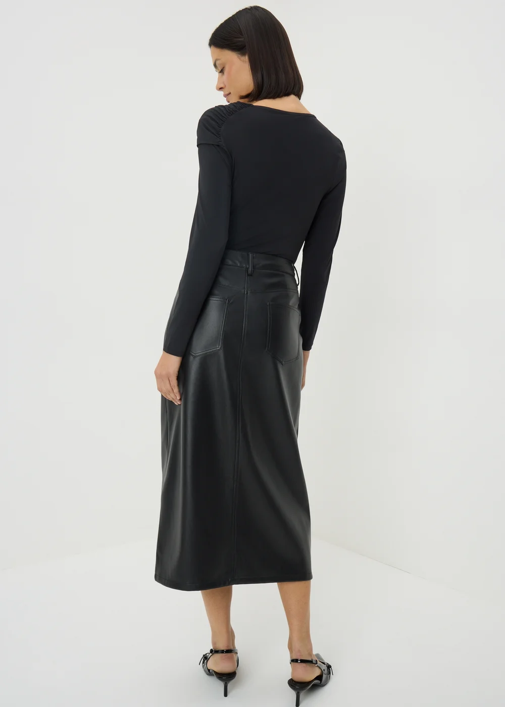Black Faux Leather Midi Skirt - Size 16 Image 2