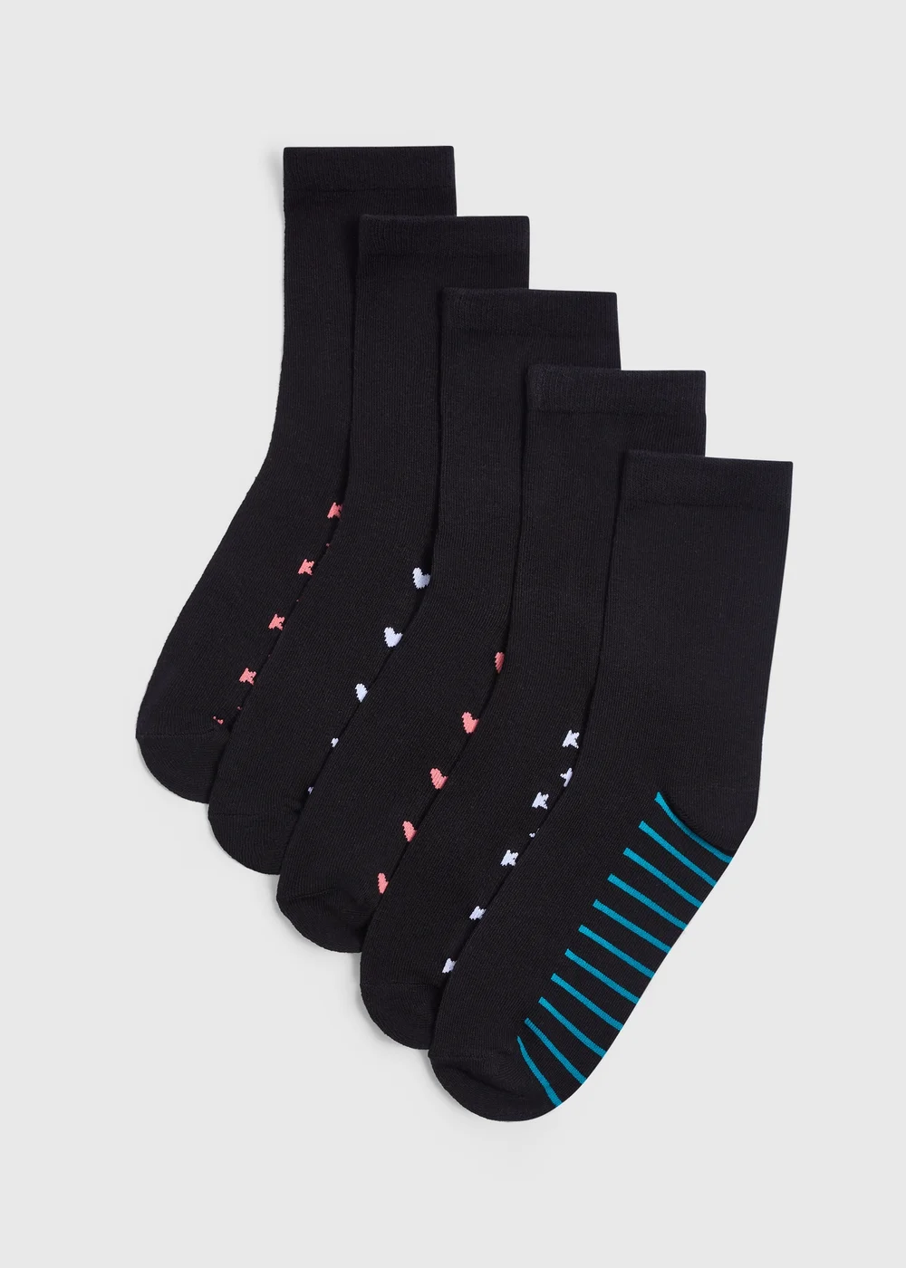 5 Pack Black Footbed Design Ankle Socks - One Size Image 1