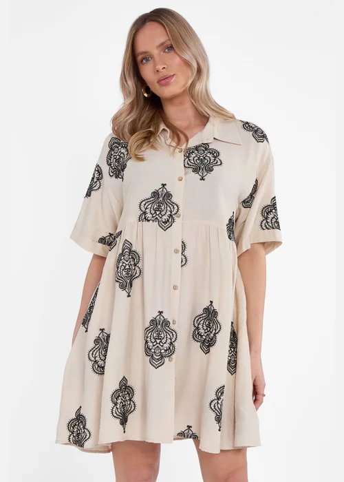 Gini London Beige Embroidery Smock Oversized Mini Shirt Dress - S/M Image 3