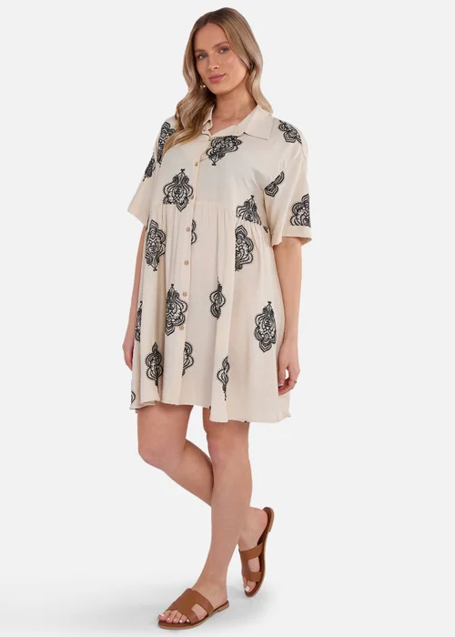 Gini London Beige Embroidery Smock Oversized Mini Shirt Dress - S/M Image 1