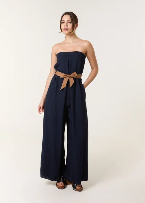 Blue Vanilla Navy Linen Belted Wide Bandeau Jumpsuit - M/L Image 1