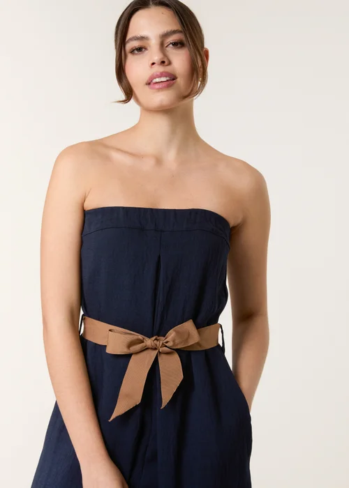 Blue Vanilla Navy Linen Belted Wide Bandeau Jumpsuit - M/L Image 4