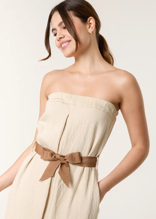 Blue Vanilla Beige Linen Belted Wide Bandeau Jumpsuit - Medium/Large Image 4
