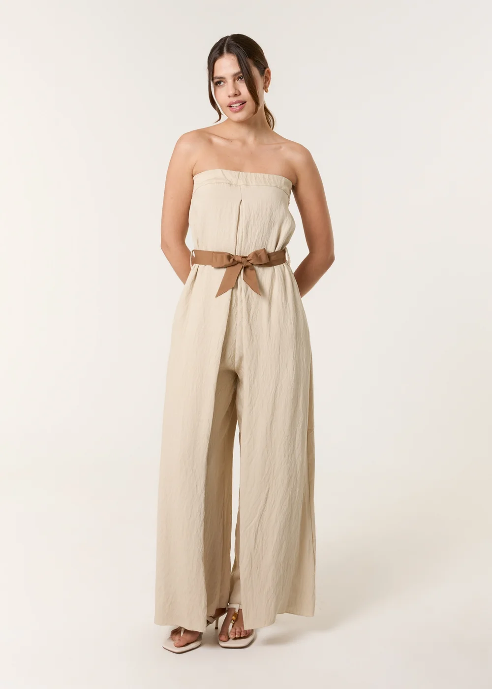 Blue Vanilla Beige Linen Belted Wide Bandeau Jumpsuit - Medium/Large Image 1