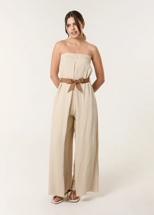 Blue Vanilla Beige Linen Belted Wide Bandeau Jumpsuit - Medium/Large Image 1