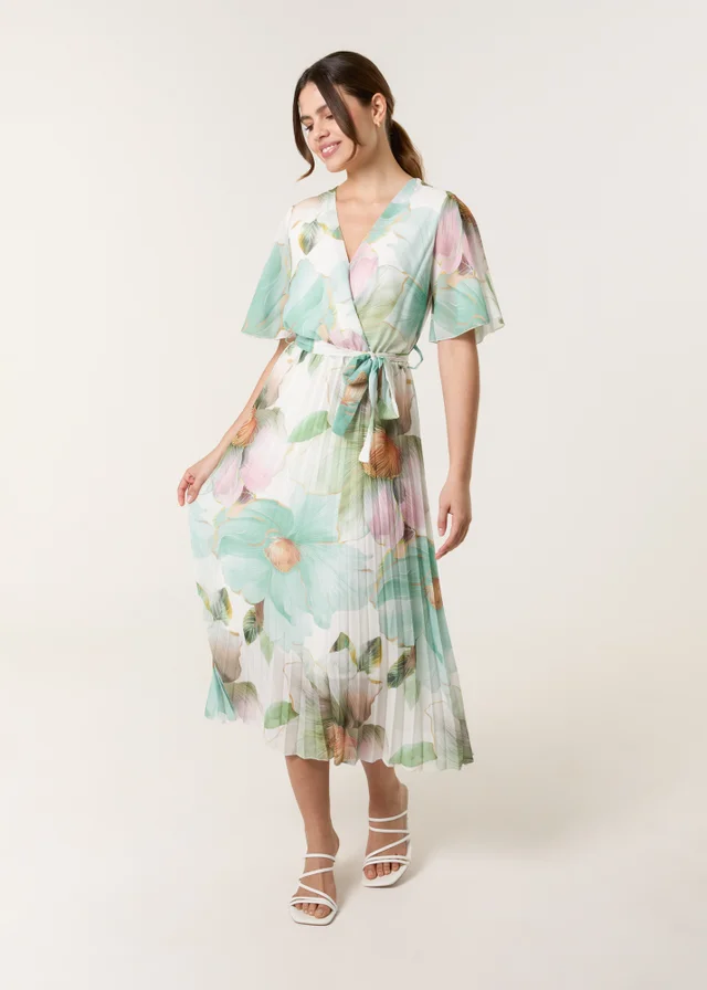 Blue Vanilla Sage Watercolour Floral Printed Wrap Front Pleated Dress