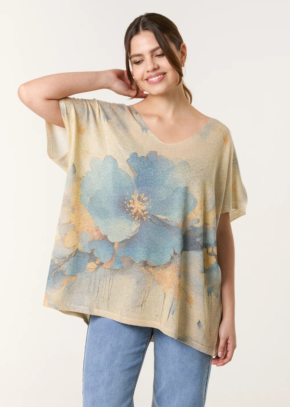 Blue Vanilla Gold Floral Shimmer Print Knitted Top - One Size Image 1