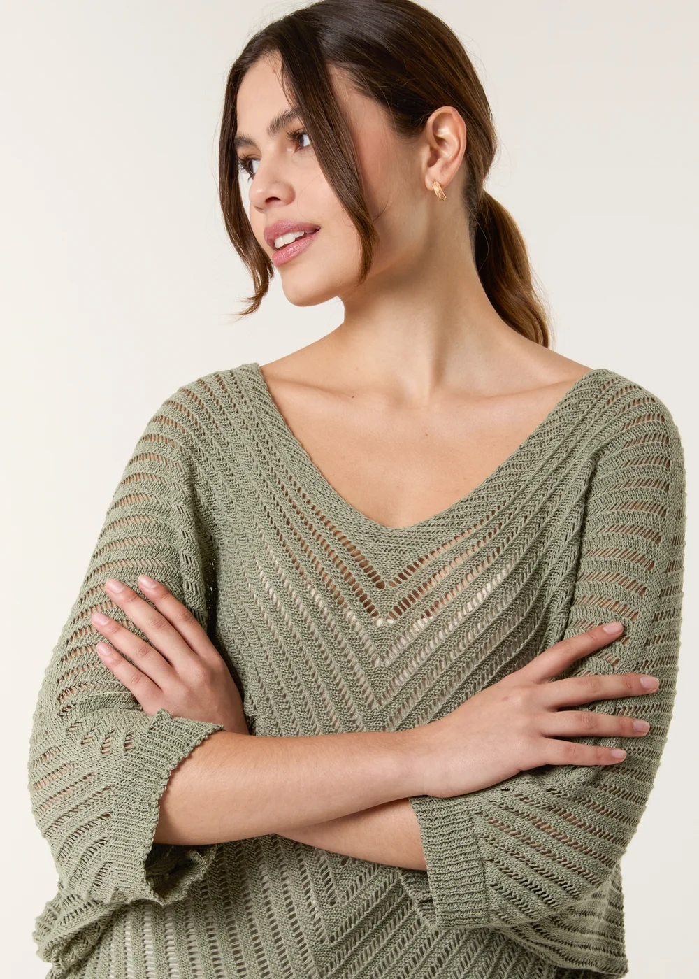 Blue Vanilla Khaki Crochet V Neck Jumper - One Size Image 1