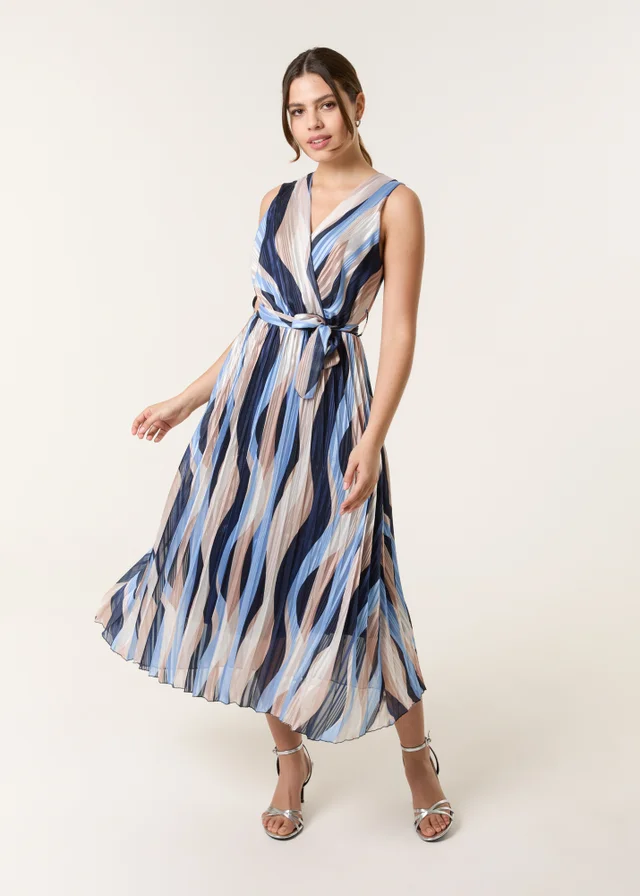 Blue Vanilla Navy Squiggle Print Sleeveless Wrap Pleat Dress