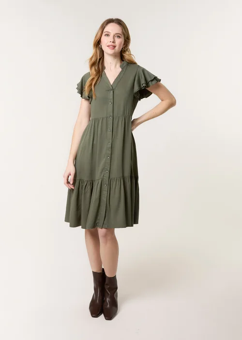 Blue Vanilla Khaki Angel Sleeve Button Front Midi Dress - S Image 1