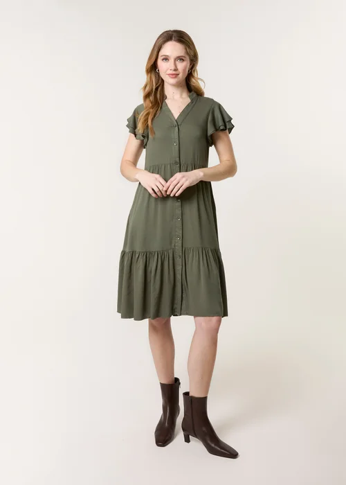 Blue Vanilla Khaki Angel Sleeve Button Front Midi Dress - S Image 2