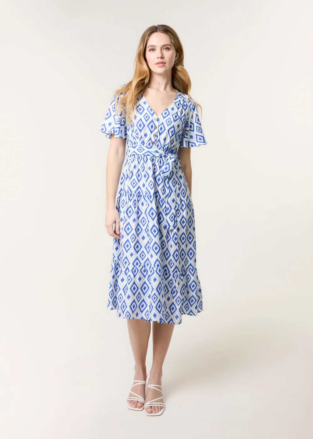 Blue Vanilla Blue Diamond Print Button Front Midi Dress - XL Image 1