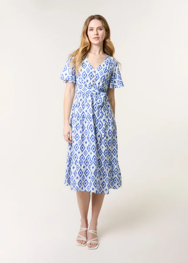 Blue Vanilla Blue Diamond Print Button Front Midi Dress